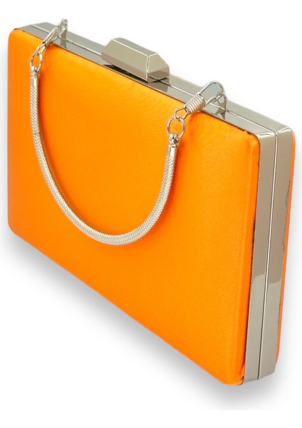 Turuncu Renk Saten Gümüş Kasalı Gümüş Taşlı Abiye Çanta Gece Çantası Düğün Nişan Portföy indirimleri