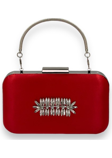 Kırmızı Renk Saten Gümüş Kasalı Gümüş Taşlı Kulplu Saplı Abiye Gece Çantası Düğün Portföy