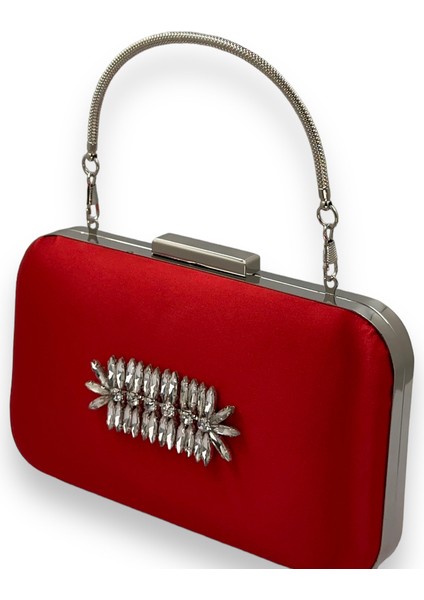 Kırmızı Renk Saten Gümüş Kasalı Gümüş Taşlı Kulplu Saplı Abiye Gece Çantası Düğün Portföy fiyatları