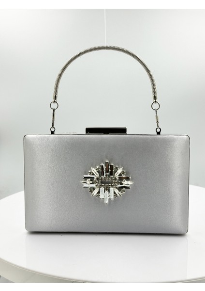 Gümüş Gri Renk Saten Gümüş Kasalı Gümüş Taşlı Abiye Çanta Gece Çantası Düğün Nişan Portföy