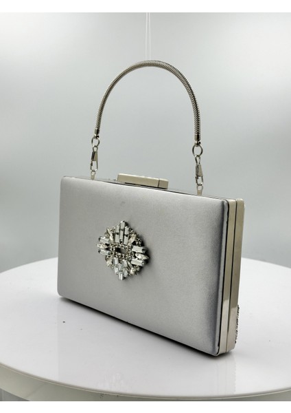 Gümüş Gri Renk Saten Gümüş Kasalı Gümüş Taşlı Abiye Çanta Gece Çantası Düğün Nişan Portföy fiyatları
