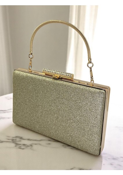 Altın Gold Dore Simleri Dökülmeyen Ithal Kumsim Metal Saplı Kadın Abiye Çanta Düğün Nişan Mezuniyet