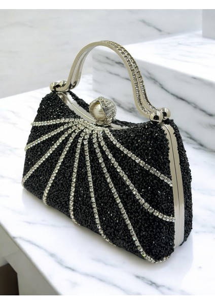 Siyah Renk Taşlı Gümüş Detaylı Zincir Askılı Kadın Abiye Mezuniyet Kına Nişan Balo Çantası fiyatları