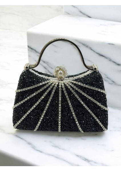 Siyah Renk Taşlı Gümüş Detaylı Zincir Askılı Kadın Abiye Mezuniyet Kına Nişan Balo Çantası modelleri