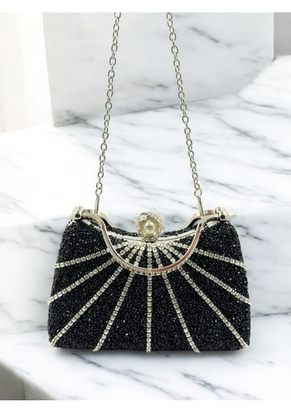Siyah Renk Taşlı Gümüş Detaylı Zincir Askılı Kadın Abiye Mezuniyet Kına Nişan Balo Çantası indirimleri