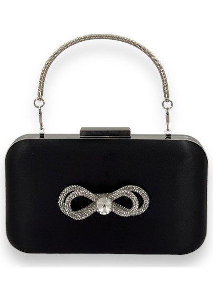 Siyah Renk Saten Gümüş Kasalı Saplı Kulplu Gümüş Taşlı Abiye Gece Çantası Düğün Nişan Clutch