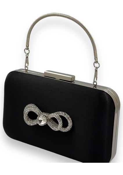 Siyah Renk Saten Gümüş Kasalı Saplı Kulplu Gümüş Taşlı Abiye Gece Çantası Düğün Nişan Clutch fiyatları