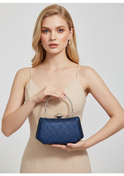 Lacivert Renk Taşlı Inci Detaylı Saplı Kadın Abiye Çanta Düğün Nişan Mezuniyet