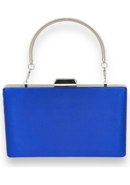 Saks Mavisi Renk Saten Gümüş Kasalı Gümüş Taşlı Abiye Çanta Gece Çantası Düğün Nişan Portföy