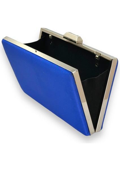 Saks Mavisi Renk Saten Gümüş Kasalı Gümüş Taşlı Abiye Çanta Gece Çantası Düğün Nişan Portföy modelleri