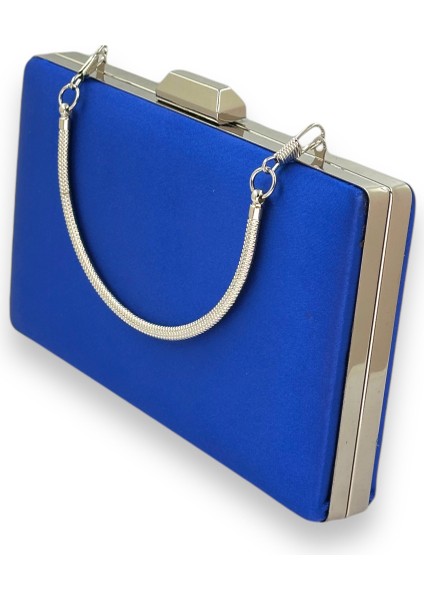 Saks Mavisi Renk Saten Gümüş Kasalı Gümüş Taşlı Abiye Çanta Gece Çantası Düğün Nişan Portföy indirimleri