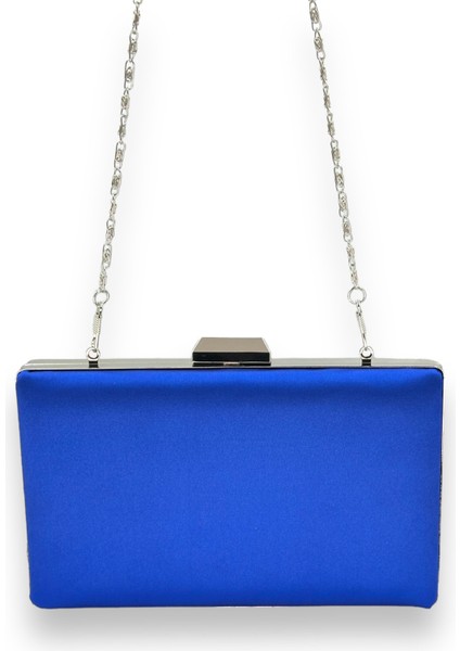 Saks Mavisi Renk Saten Gümüş Kasalı Gümüş Taşlı Abiye Çanta Gece Çantası Düğün Nişan Portföy