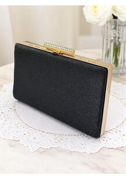 Siyah Altın Detaylı Simleri Dökülmeyen Ithal Kumsim Metal Taşlı Kasa Kadın Abiye Çanta Düğün Nişan