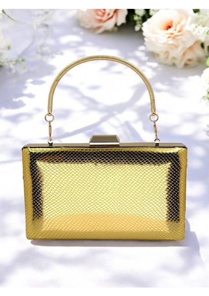 Altın Renk Balıksırtı Desenli Metal Saplı Parlak Rugan Deri Kadın Abiye Çanta Düğün Nişan fiyatları