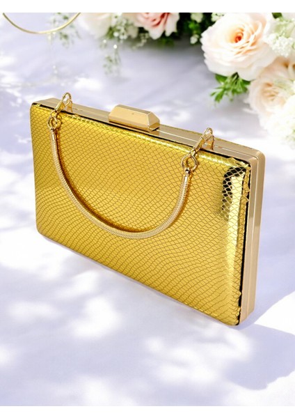 Altın Renk Balıksırtı Desenli Metal Saplı Parlak Rugan Deri Kadın Abiye Çanta Düğün Nişan