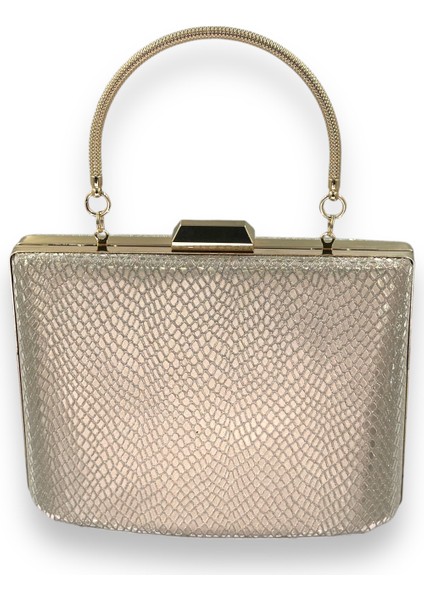 Altın Gold Dore Renk Lazer Desen Büyük Boy Metal Saplı Zincir Askılı Abiye Çanta