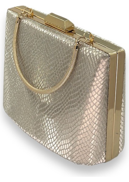 Altın Gold Dore Renk Lazer Desen Büyük Boy Metal Saplı Zincir Askılı Abiye Çanta