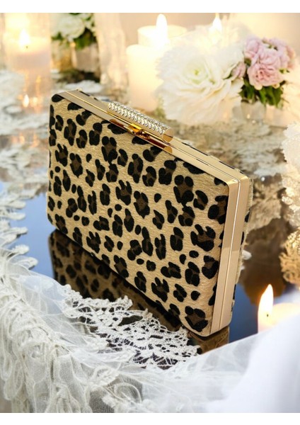 Tüylü Ithal Leopar Desenli Abiye Çanta Gece Çantası Düğün Nişan Mezuniyet