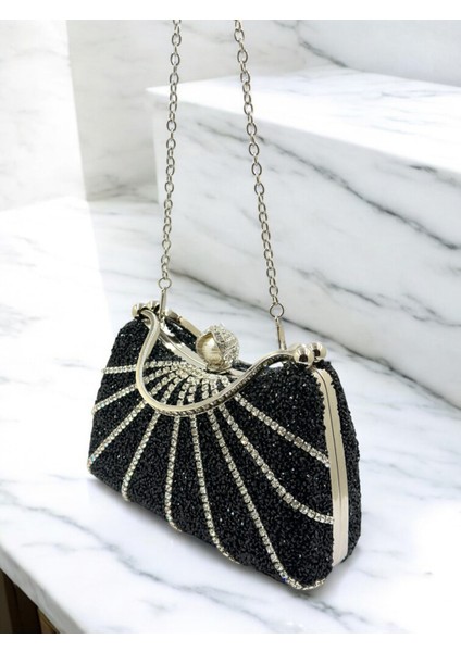 Siyah Renk Taşlı Gümüş Detaylı Zincir Askılı Kadın Abiye Mezuniyet Kına Nişan Balo Çantası
