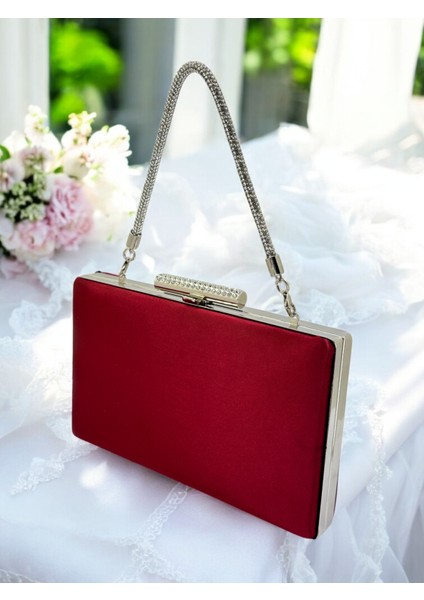 Bordo Kristal Taşlı Saten Taş Saplı Kadın Gece Çantası Abiye Çanta Düğün Nişan Mezuniyet