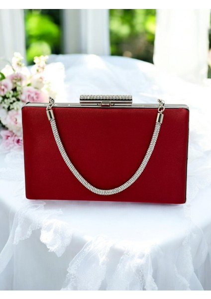 Bordo Kristal Taşlı Saten Taş Saplı Kadın Gece Çantası Abiye Çanta Düğün Nişan Mezuniyet