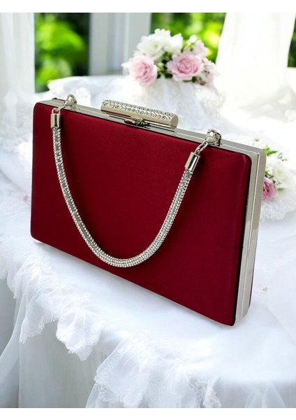 Bordo Kristal Taşlı Saten Taş Saplı Kadın Gece Çantası Abiye Çanta Düğün Nişan Mezuniyet