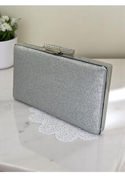 Gümüş Gri Lame Simleri Dökülmeyen Ithal Kumsim Metal Taşlı Kasa Kadın Abiye Çanta Düğün Nişan