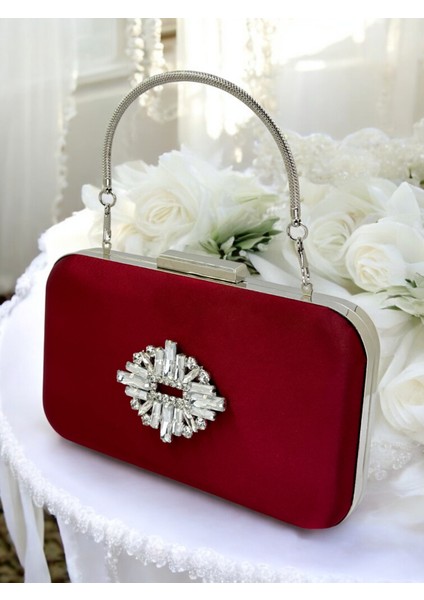 Bordo Kristal Taşlı Metal Saplı Saten Kadın Gece Çantası Abiye Çanta Düğün Nişan Mezuniyet