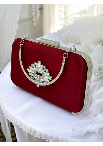 Bordo Kristal Taşlı Metal Saplı Saten Kadın Gece Çantası Abiye Çanta Düğün Nişan Mezuniyet modelleri