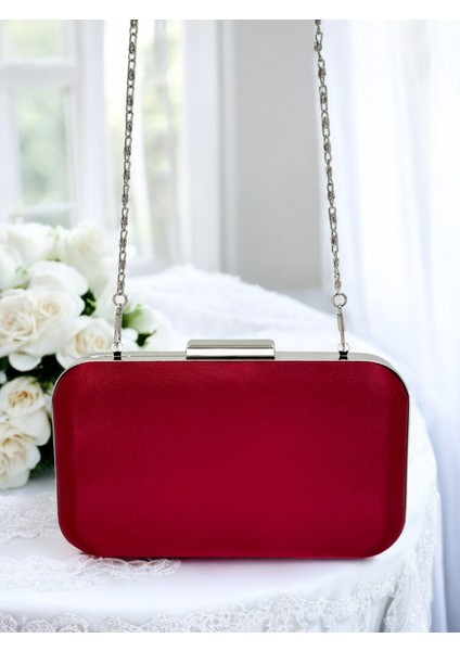 Bordo Kristal Taşlı Metal Saplı Saten Kadın Gece Çantası Abiye Çanta Düğün Nişan Mezuniyet