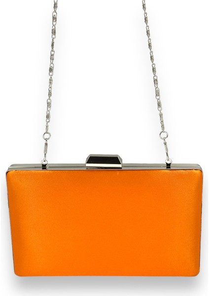 Turuncu Renk Saten Gümüş Kasalı Gümüş Taşlı Abiye Çanta Gece Çantası Düğün Nişan Portföy