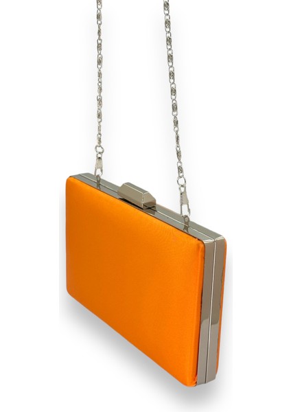 Turuncu Renk Saten Gümüş Kasalı Gümüş Taşlı Abiye Çanta Gece Çantası Düğün Nişan Portföy