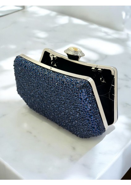 Lacivert Renk Taşlı Inci Detaylı Saplı Kadın Abiye Çanta Düğün Nişan Mezuniyet