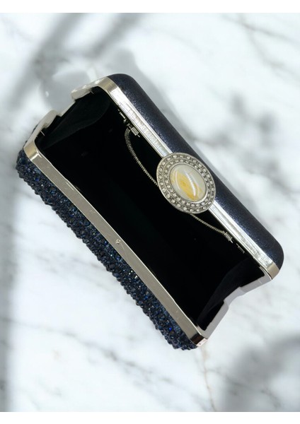 Lacivert Renk Taşlı Inci Detaylı Saplı Kadın Abiye Çanta Düğün Nişan Mezuniyet