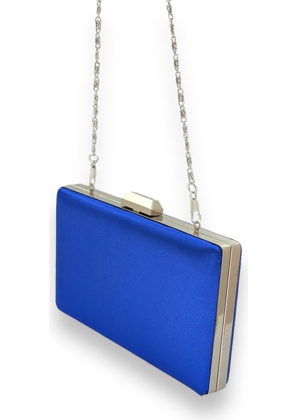 Saks Mavisi Renk Saten Gümüş Kasalı Gümüş Taşlı Abiye Çanta Gece Çantası Düğün Nişan Portföy