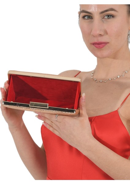 Rose Gold Renk Kristal Desenli Mat Deri Abiye Çanta Gece Çantası Nişan Düğün Çantası El Yapımı