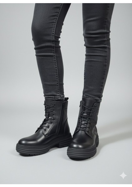 Bağcıklı Fermuarlı Kalın Taban Kaymaz Hakiki Deri Kadın Bot Z328