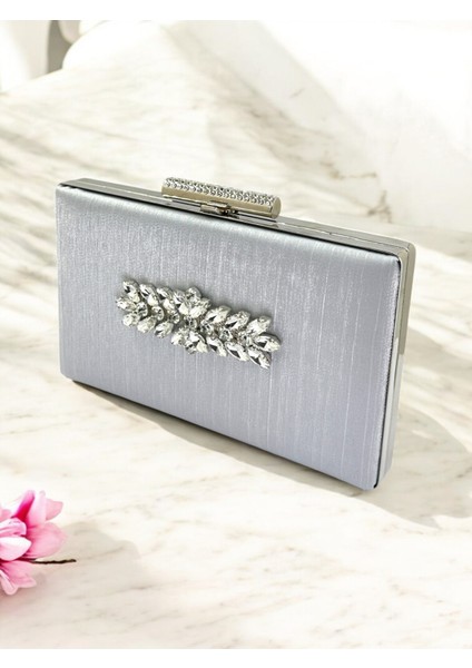Gümüş Gri Renk El Izi Yapmayan Simli Saten Kristal Taşlı Kadın Abiye Çanta Düğün Nişan