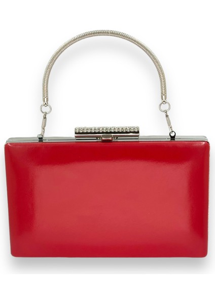 Kırmızı Renk Cilt Deri Mat Deri Metal Saplı Abiye Çanta Gece Çantası Düğün Nişan Kına