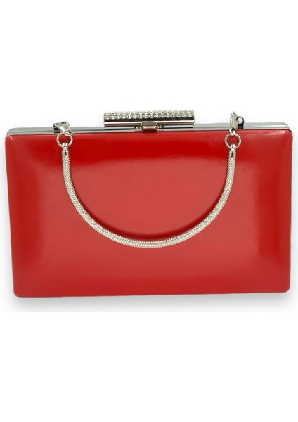 Kırmızı Renk Cilt Deri Mat Deri Metal Saplı Abiye Çanta Gece Çantası Düğün Nişan Kına