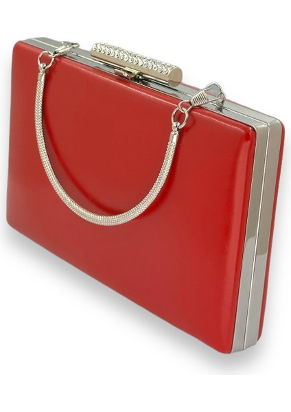 Kırmızı Renk Cilt Deri Mat Deri Metal Saplı Abiye Çanta Gece Çantası Düğün Nişan Kına