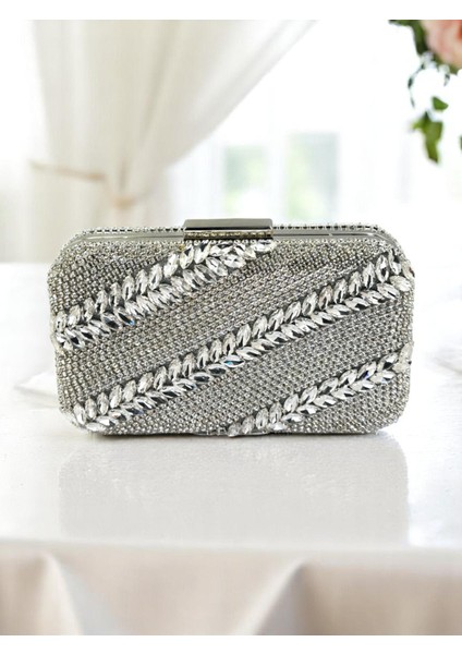 El Yapımı Işçilik Komple Kristal Taşlı Gümüş Gri Lame Renk Kadın Abiye Çanta fiyatları