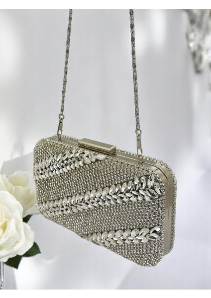 El Yapımı Işçilik Komple Kristal Taşlı Gümüş Gri Lame Renk Kadın Abiye Çanta