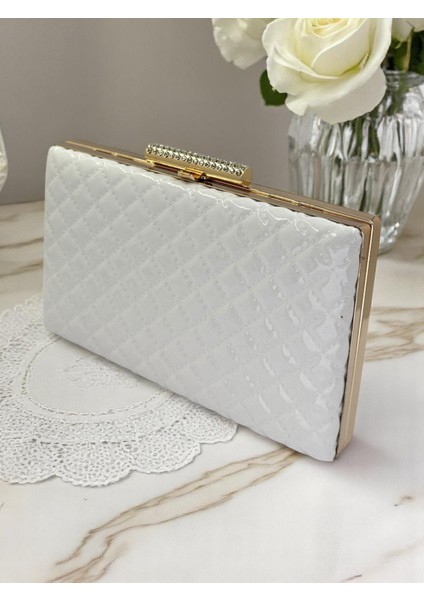 Beyaz Lüks Rugan Kapitone Desenli Kadın Abye Çanta Düğün Nişan Mezuniyet