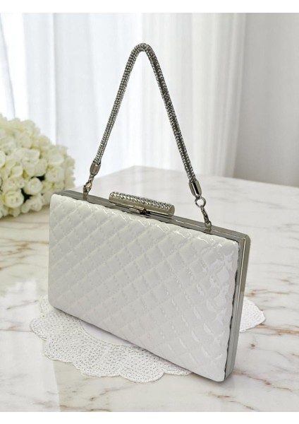 Beyaz Lüks Rugan Taş Saplı Kapitone Desenli Kadın Abye Çanta Düğün Nişan Mezuniyet