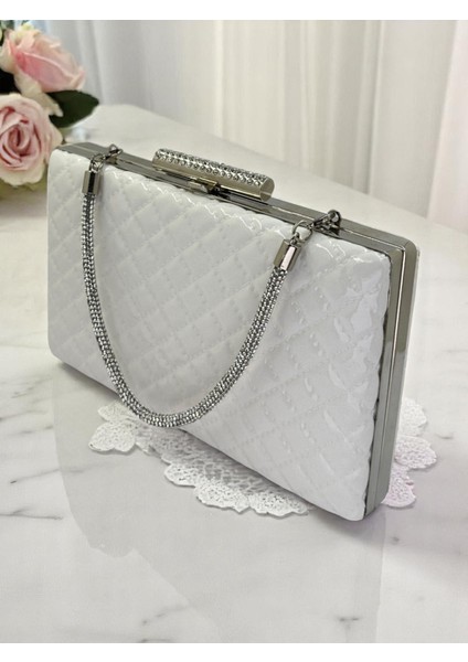 Beyaz Lüks Rugan Taş Saplı Kapitone Desenli Kadın Abye Çanta Düğün Nişan Mezuniyet modelleri