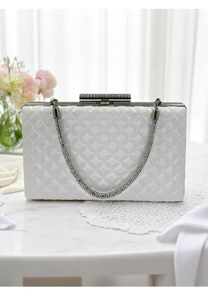 Beyaz Lüks Rugan Taş Saplı Kapitone Desenli Kadın Abye Çanta Düğün Nişan Mezuniyet fırsatları