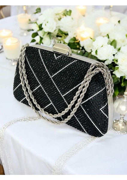 Siyah Renk Zincir Kulplu Kadın Abiye Çanta Mezuniyet Düğün Nişan