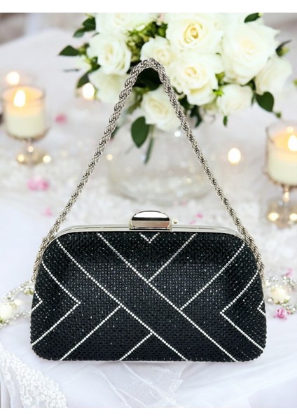 Siyah Renk Zincir Kulplu Kadın Abiye Çanta Mezuniyet Düğün Nişan