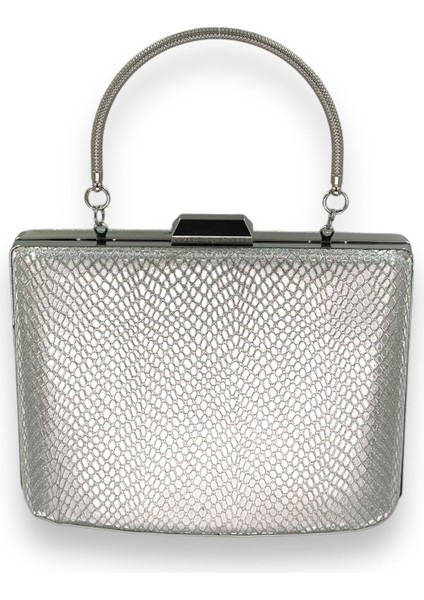 Gümüş Gri Lame Renk Lazer Desen Büyük Boy Metal Saplı Zincir Askılı Abiye Çanta